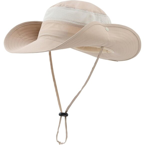 Accessories - Unisex Light Khaki 100% Polyester Wide Brim Boonie Mesh Chin Strap Bucket Hat